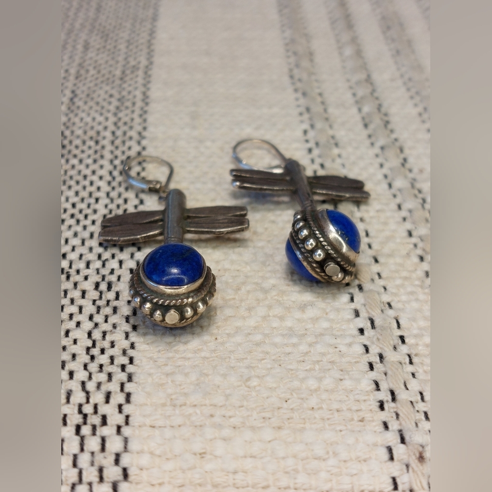 Vintage Sterling Silver Lapis Dragonfly Earrings Double-Sided Rotating Design - Picture 5 of 11